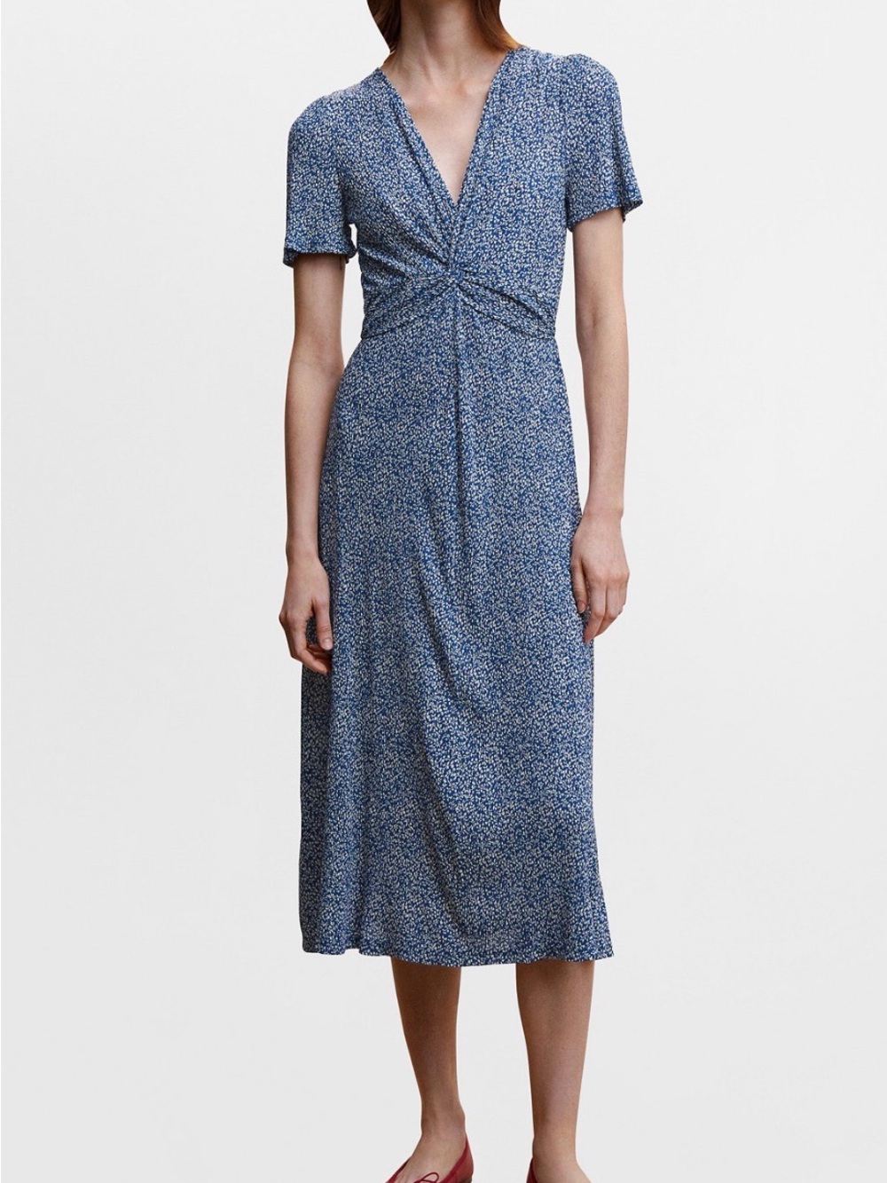 Mango Blue Floral Twist-Waist Stretchy Midi Dress